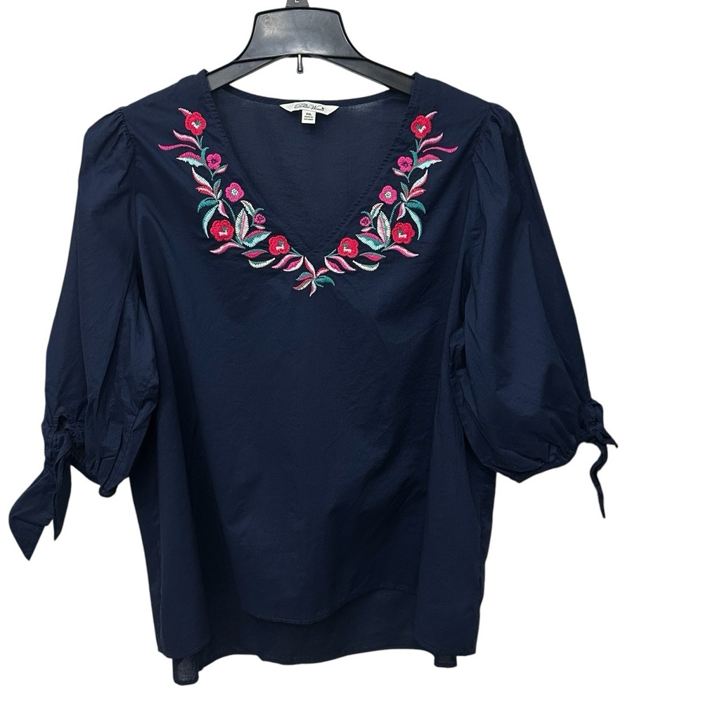 The Pioneer Woman V-Neck Tie Cuff High Low Blouse Women's Size XXL Blue